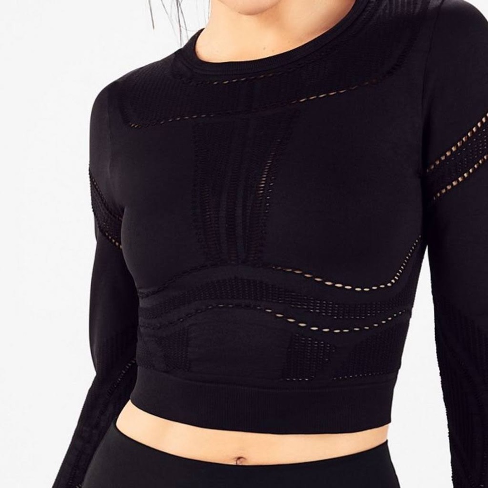 Fabletics Black Jaymee Mesh Long Sleeve Crop Top